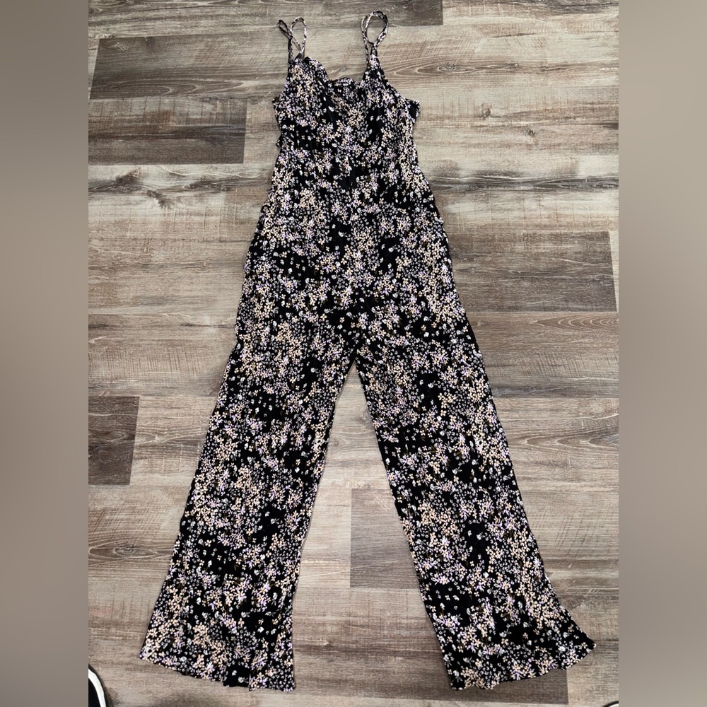 Lulu's Black Floral Wide-Leg Jumpsuit with Lavender and Cream Accents